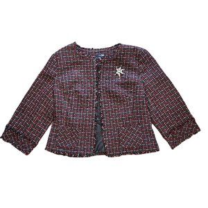 East 5th Red Black Gray Tweed Plaid Frayed Edge Crop Jacket Hook Eye size Medium